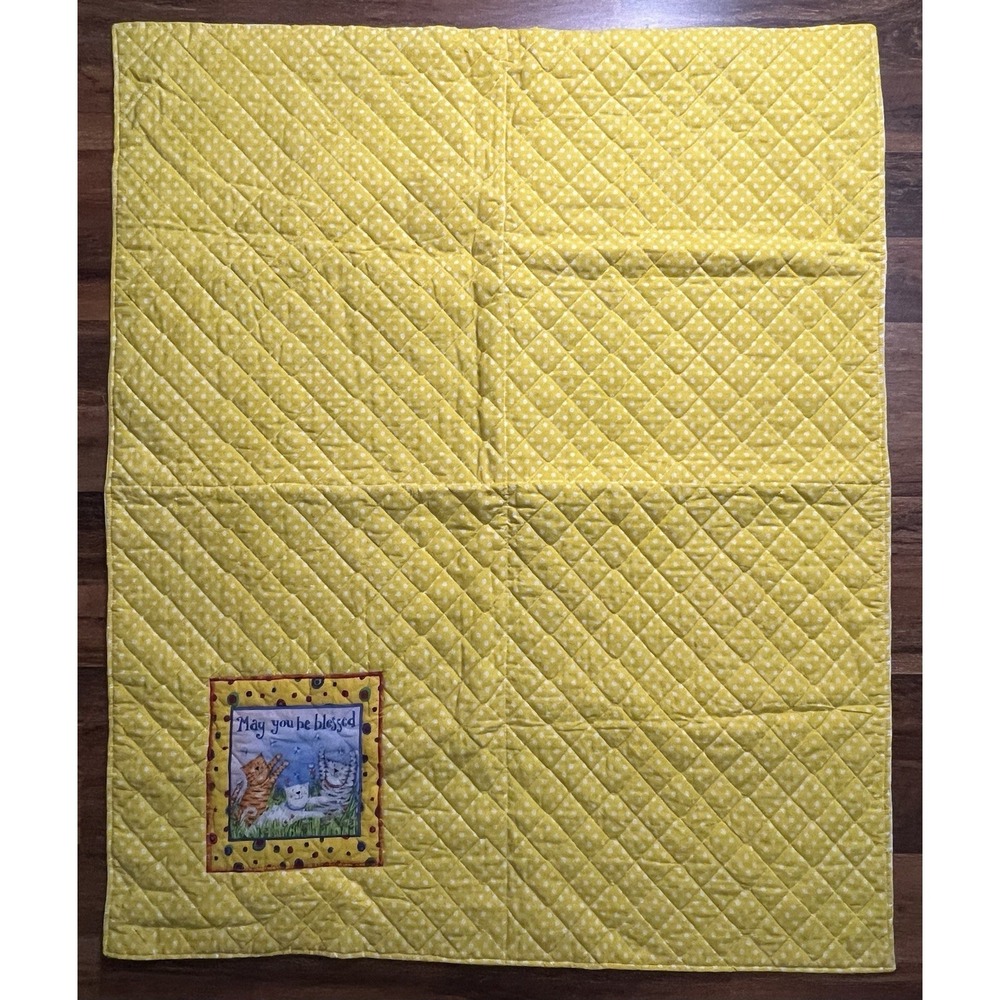 Handmade ST Louis Parish MAY YOU BE BLESSED Crib Quilt Yellow/White 40in X 33in